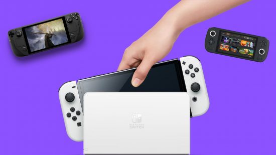 Some of the best portable gaming consoles on a purple background. In the middle, the Nintendo Switch OLED, in its dock with a hand reaching to pull it out. It has white controllers and a white dock. On the right, much smaller, the Ayaneo Air, a black, handheld device with a screen in the middle and controls either side. On the right, much smaller, the Steam Deck, a black, handheld device with a screen in the middle and controls either side, just slightly squarer than the Ayaneo.