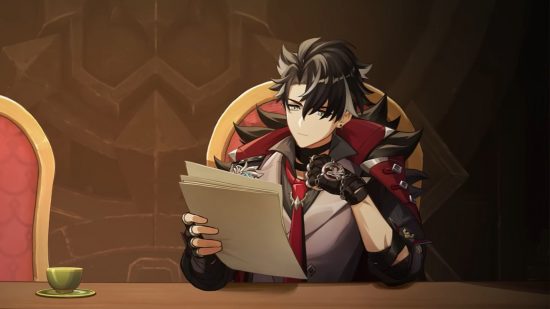 Genshin Impact Wriothesley reading some papers in a fancy chair