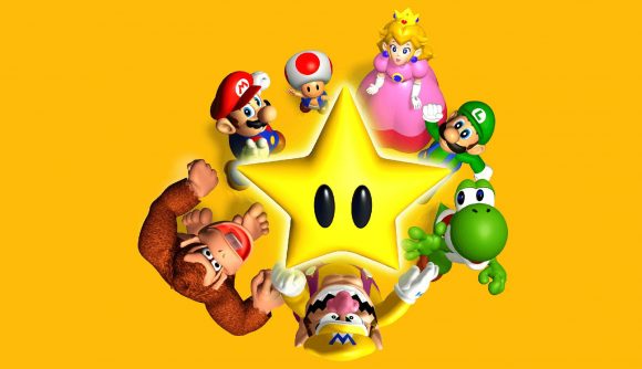 Mario Party characters: key art shows several Mario characters gathered around a star, looking up at the viewer